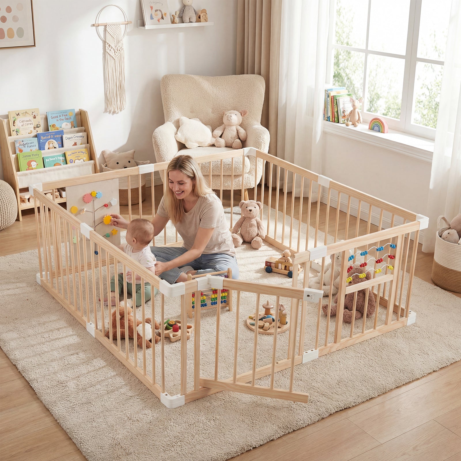 Wooden Baby Playpen Adjustable Multi-Shape Large Play Yard for Infants and Toddlers-Natural