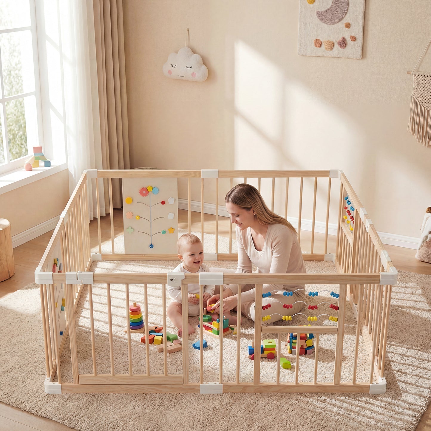 Wooden Baby Playpen Adjustable Multi-Shape Large Play Yard for Infants and Toddlers-Natural