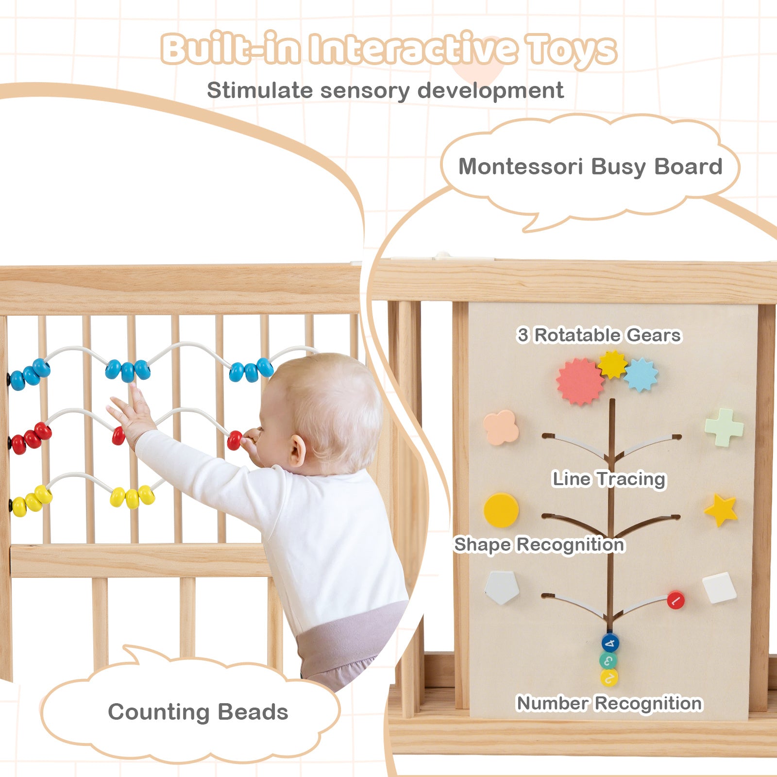 Wooden Baby Playpen Adjustable Multi-Shape Large Play Yard for Infants and Toddlers-Natural
