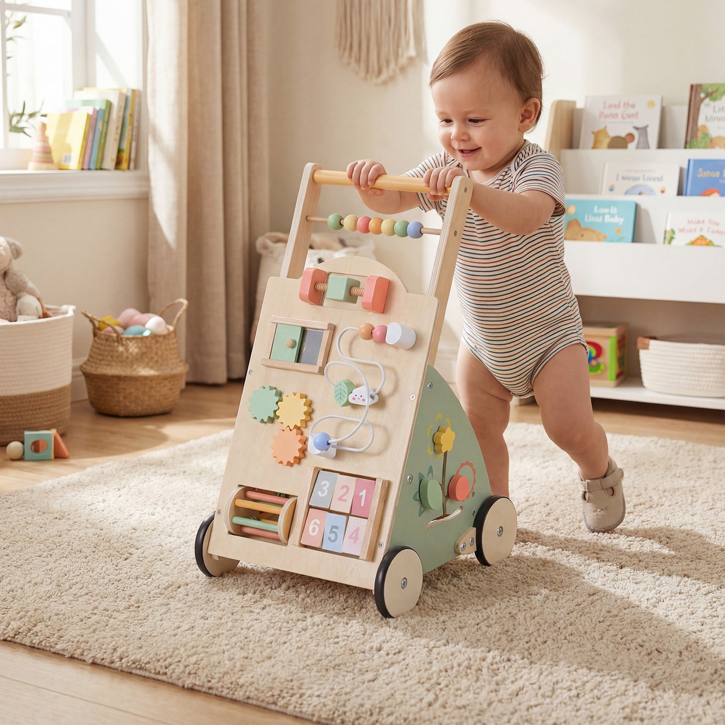 Wooden Baby Walker Babies Push Walker with Wheels and Storage Basket