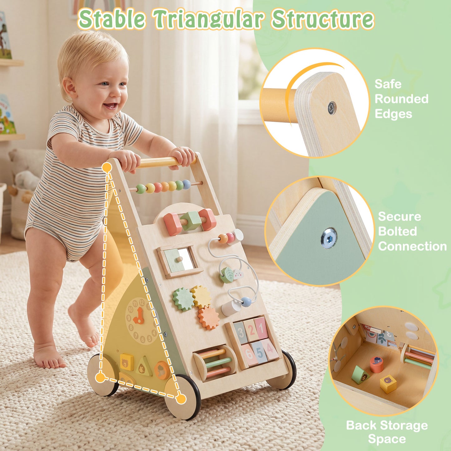 Wooden Baby Walker Babies Push Walker with Wheels and Storage Basket