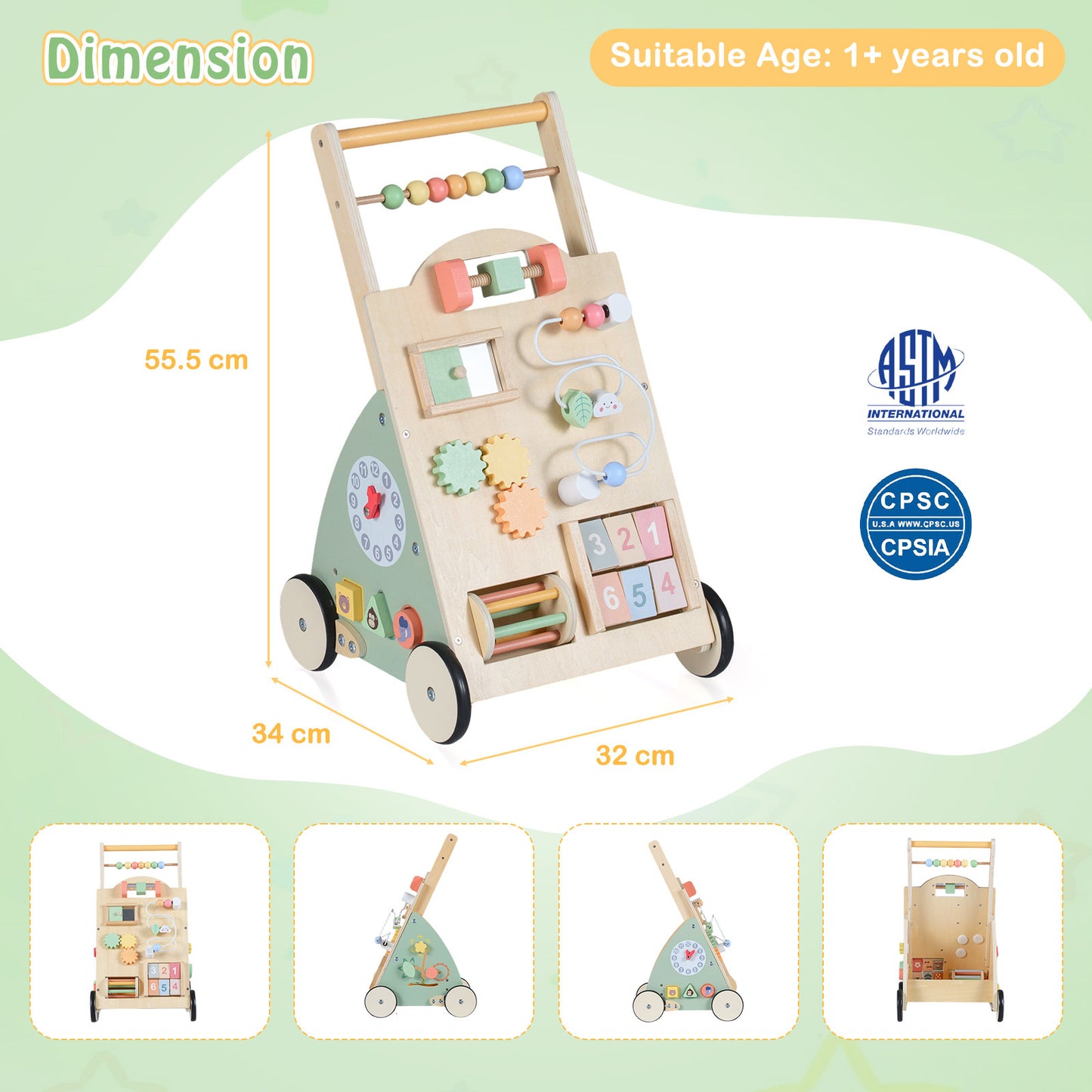 Wooden Baby Walker Babies Push Walker with Wheels and Storage Basket