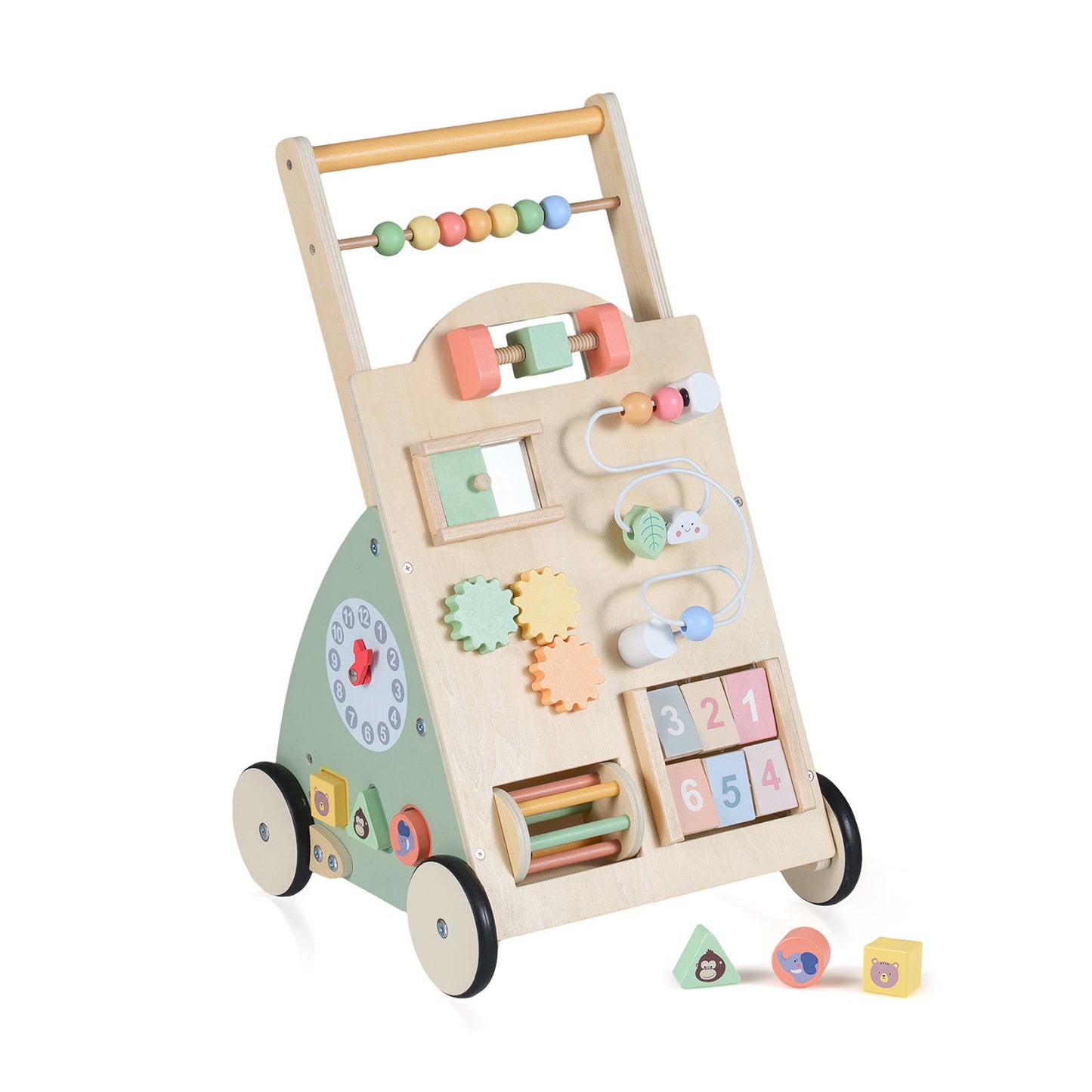 Wooden Baby Walker Babies Push Walker with Wheels and Storage Basket