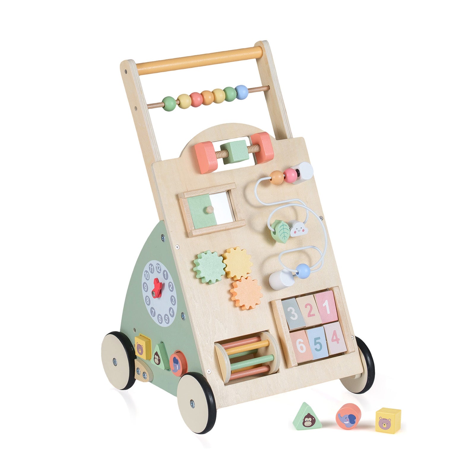 Wooden Baby Walker Babies Push Walker with Wheels and Storage Basket