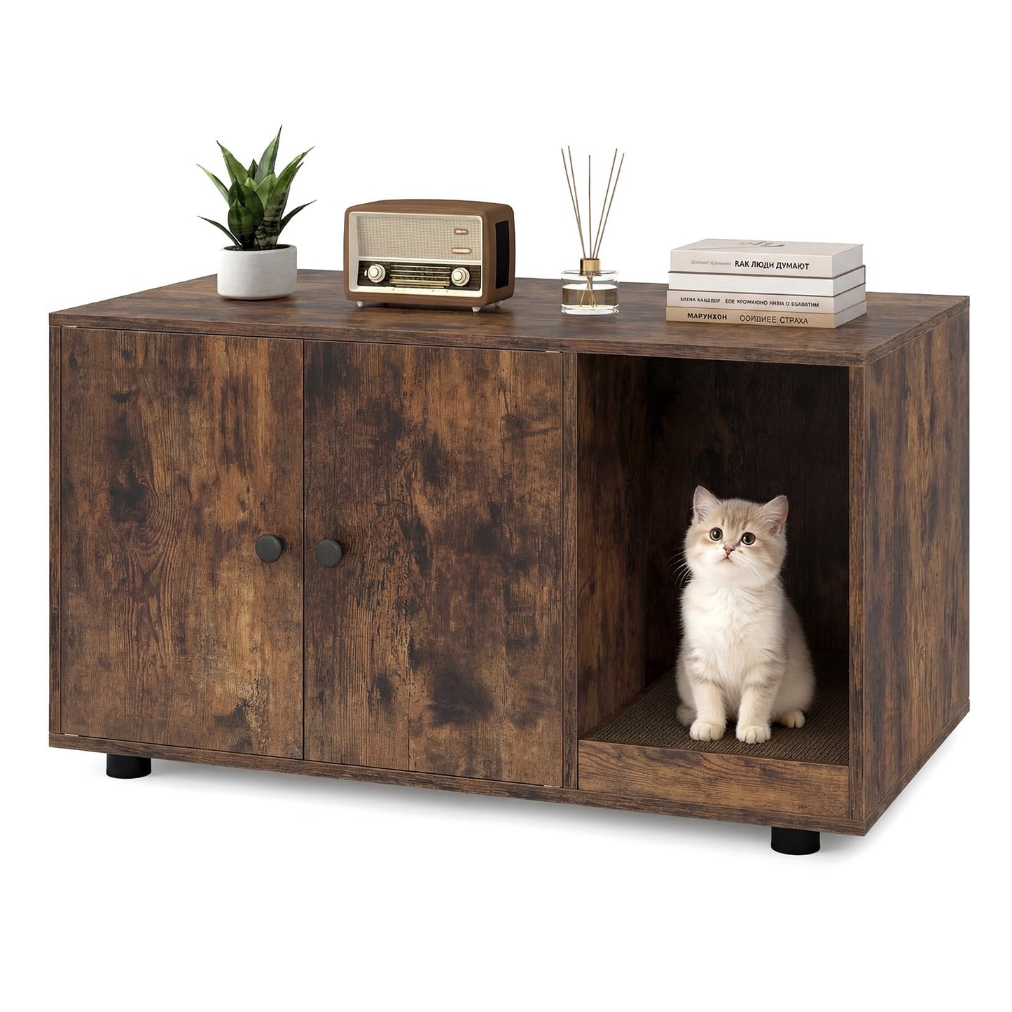 Wooden Cat Litter Box Enclosure Hidden Litter Box Furniture with Scratching Board-Brown