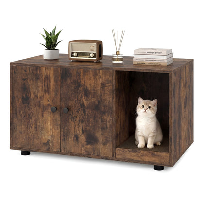 Wooden Cat Litter Box Enclosure Hidden Litter Box Furniture with Scratching Board-Brown