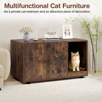Wooden Cat Litter Box Enclosure Hidden Litter Box Furniture with Scratching Board-Brown