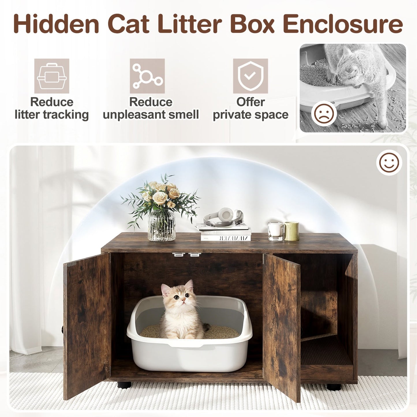 Wooden Cat Litter Box Enclosure Hidden Litter Box Furniture with Scratching Board-Brown