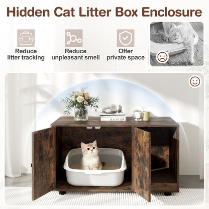 Wooden Cat Litter Box Enclosure Hidden Litter Box Furniture with Scratching Board-Brown