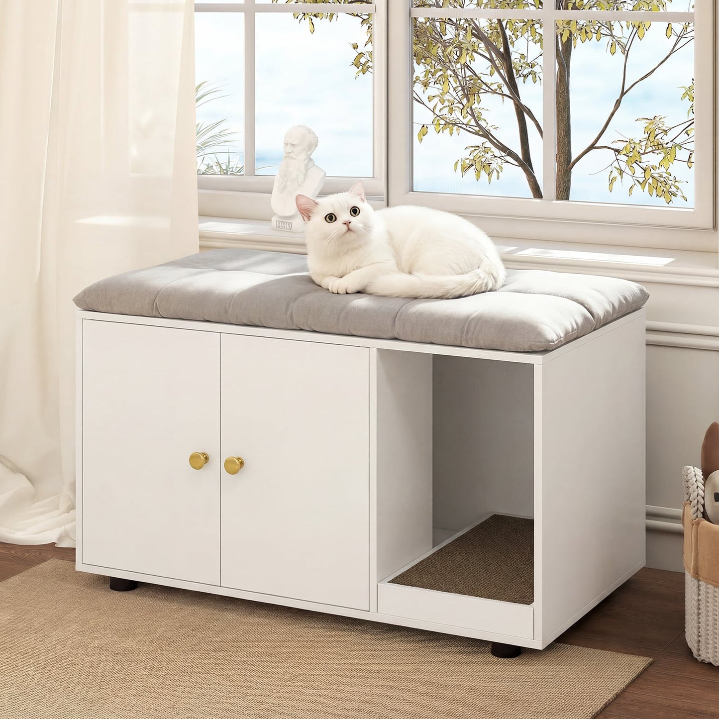 Wooden Cat Litter Box Enclosure Hidden Litter Box Furniture with Scratching Board-White