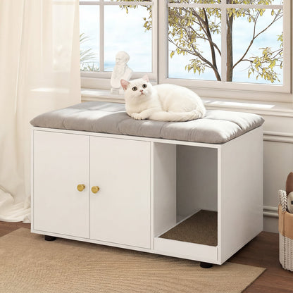 Wooden Cat Litter Box Enclosure Hidden Litter Box Furniture with Scratching Board-White