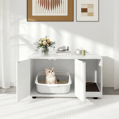 Wooden Cat Litter Box Enclosure Hidden Litter Box Furniture with Scratching Board-White