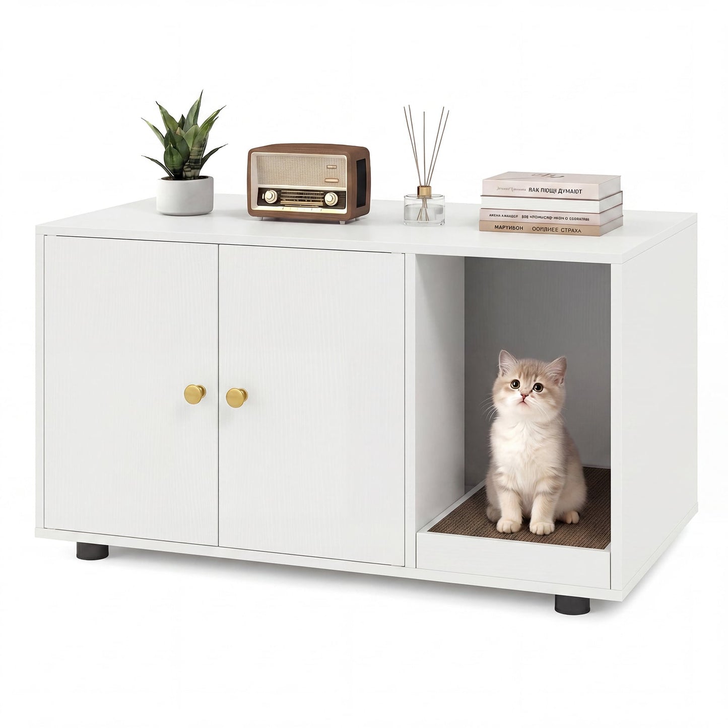 Wooden Cat Litter Box Enclosure Hidden Litter Box Furniture with Scratching Board-White