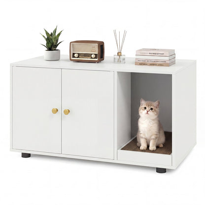 Wooden Cat Litter Box Enclosure Hidden Litter Box Furniture with Scratching Board-White