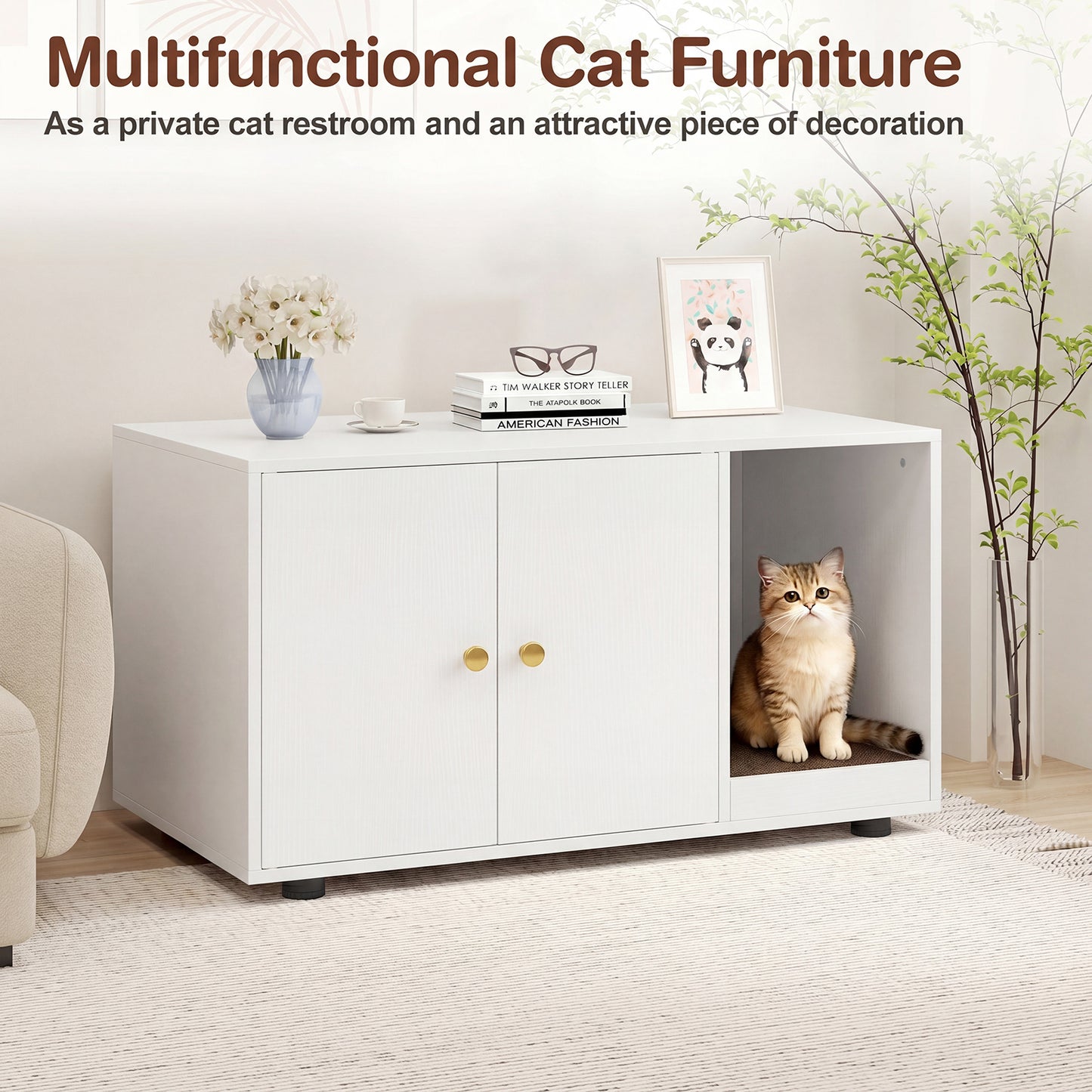Wooden Cat Litter Box Enclosure Hidden Litter Box Furniture with Scratching Board-White
