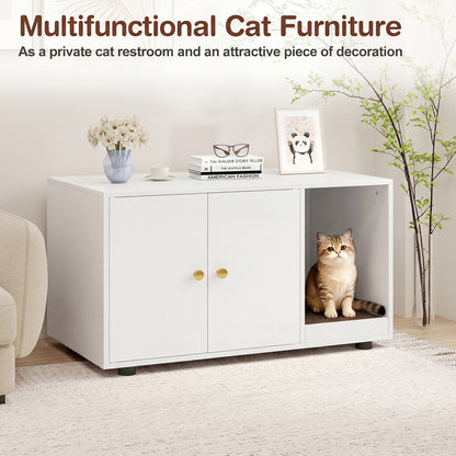 Wooden Cat Litter Box Enclosure Hidden Litter Box Furniture with Scratching Board-White