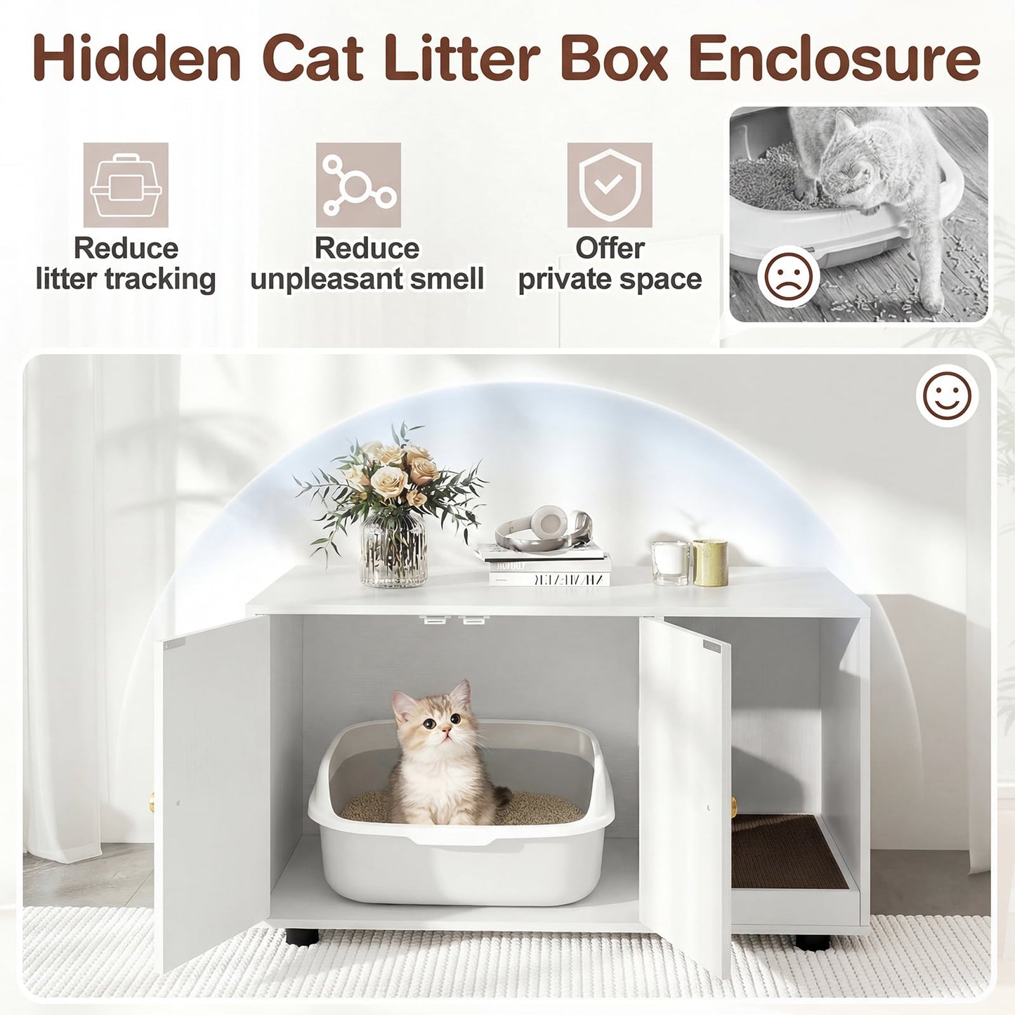 Wooden Cat Litter Box Enclosure Hidden Litter Box Furniture with Scratching Board-White