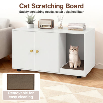 Wooden Cat Litter Box Enclosure Hidden Litter Box Furniture with Scratching Board-White