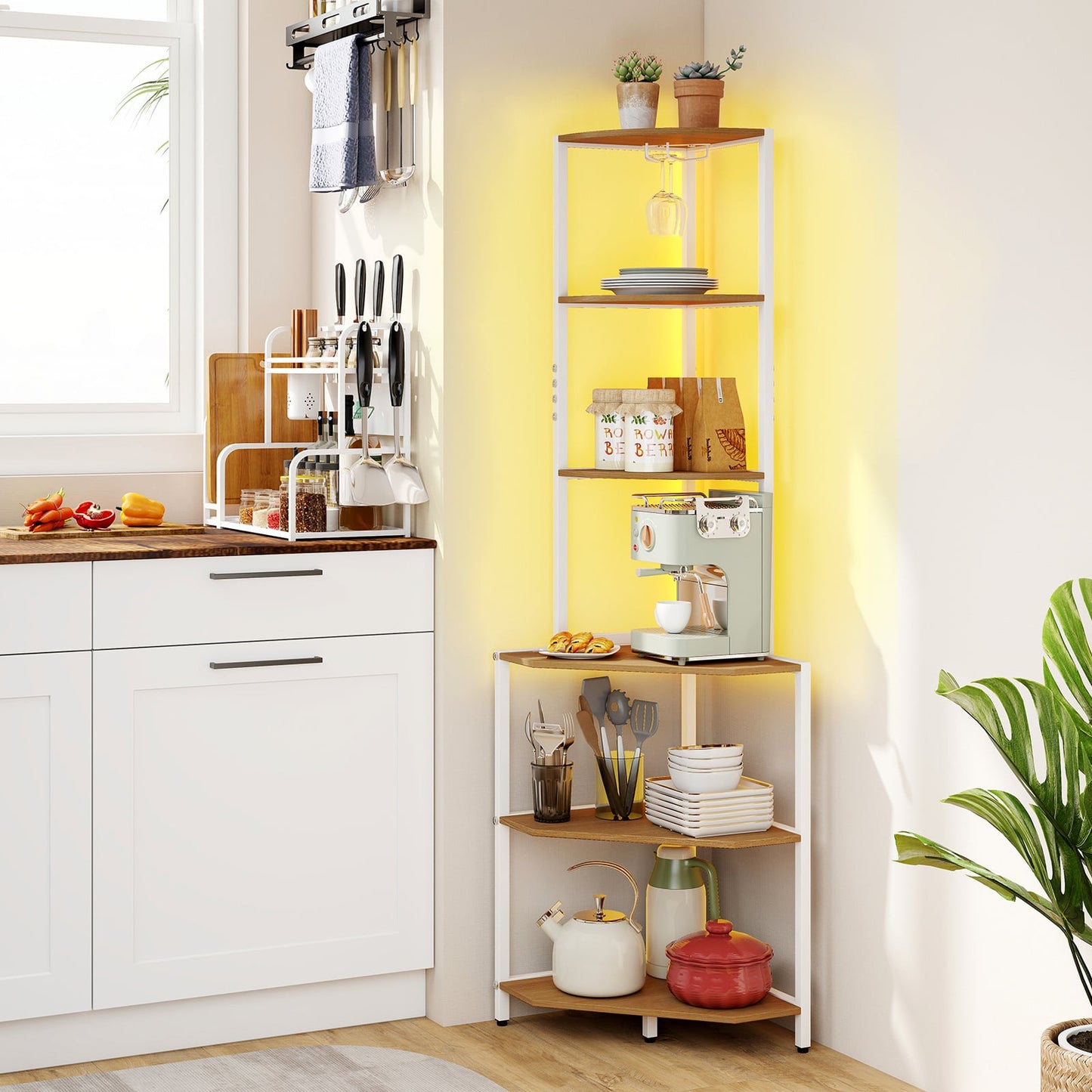 Wooden Corner Shelf with Storage Shelves for Living Room-Natural