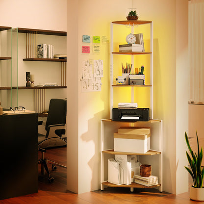 Wooden Corner Shelf with Storage Shelves for Living Room-Natural