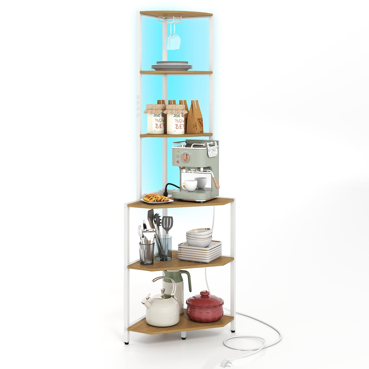 Wooden Corner Shelf with Storage Shelves for Living Room-Natural