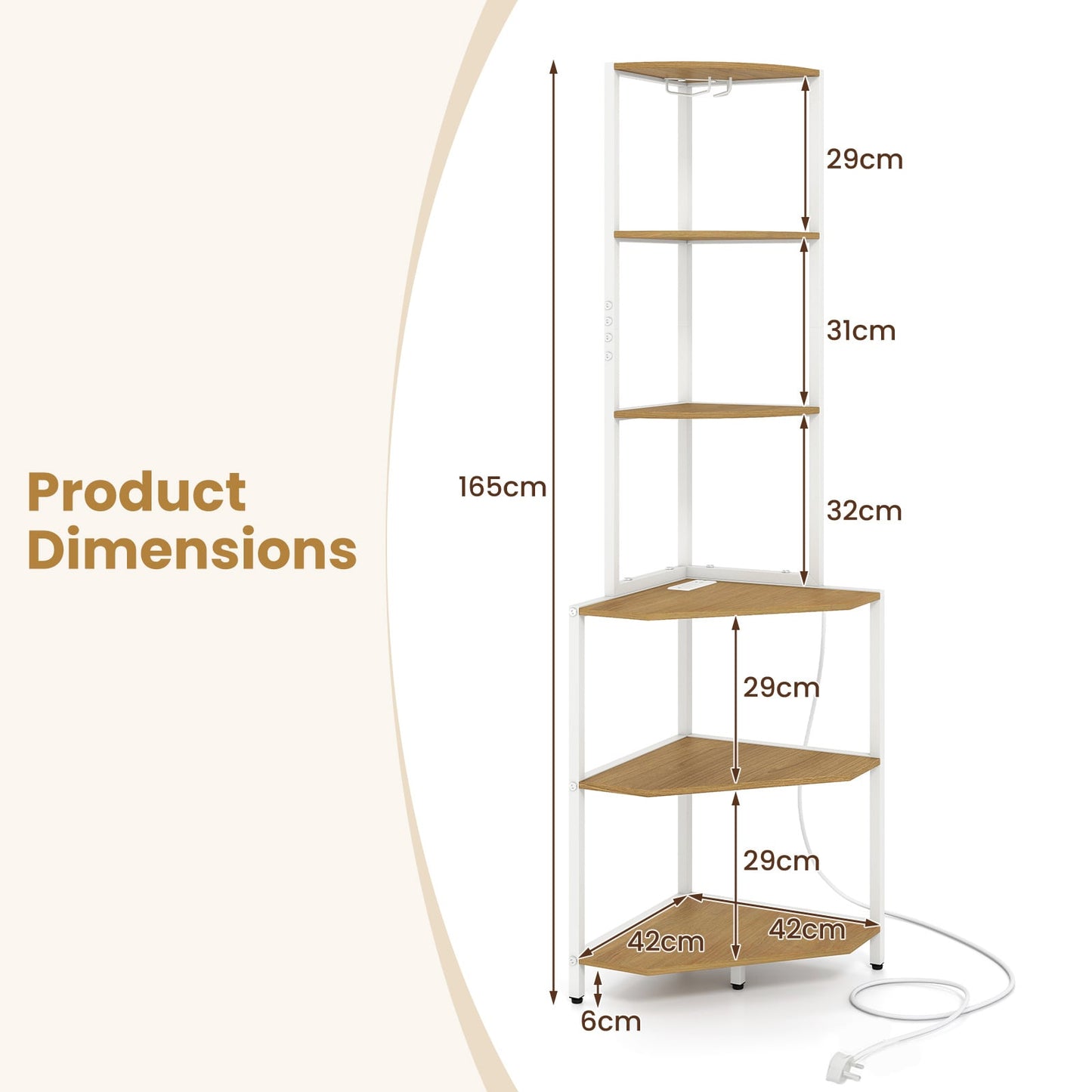 Wooden Corner Shelf with Storage Shelves for Living Room-Natural