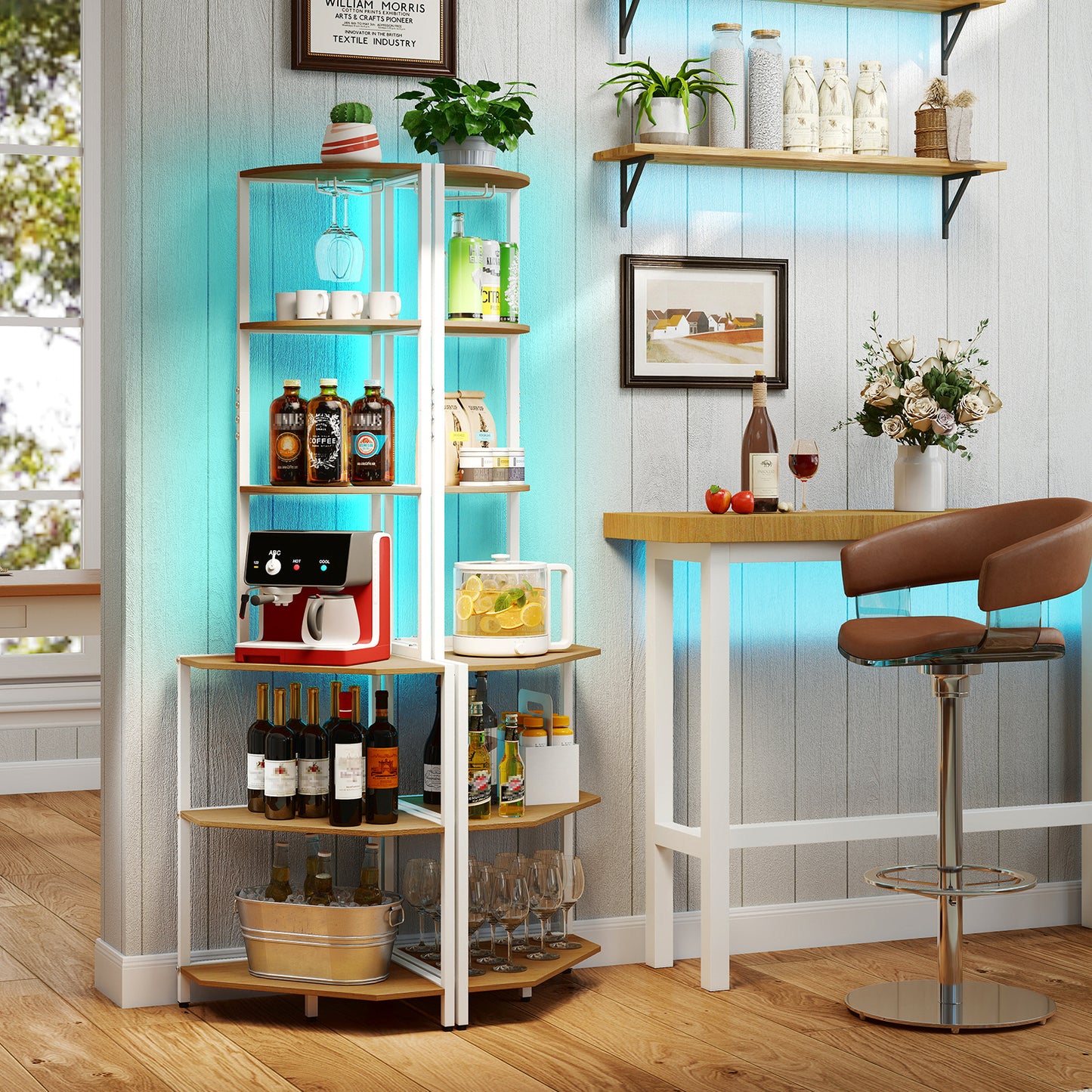 Wooden Corner Shelf with Storage Shelves for Living Room-Natural