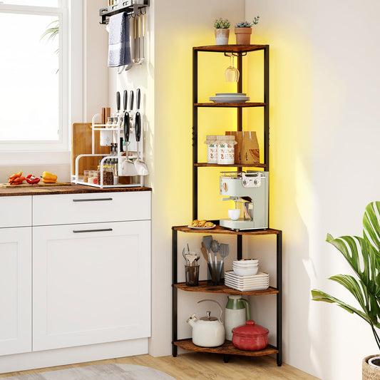 Wooden Corner Shelf with Storage Shelves for Living Room-Rustic Brown