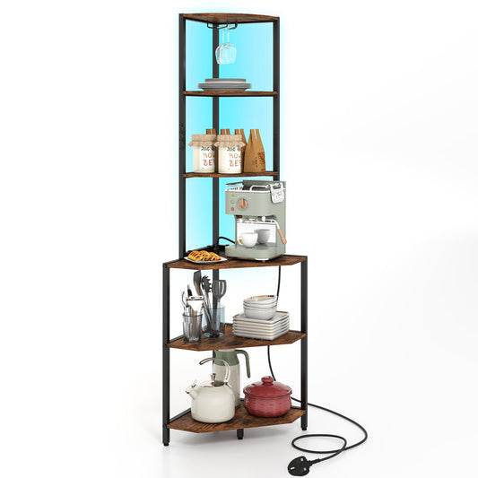 Wooden Corner Shelf with Storage Shelves for Living Room-Rustic Brown