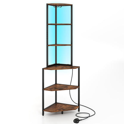 Wooden Corner Shelf with Storage Shelves for Living Room-Rustic Brown