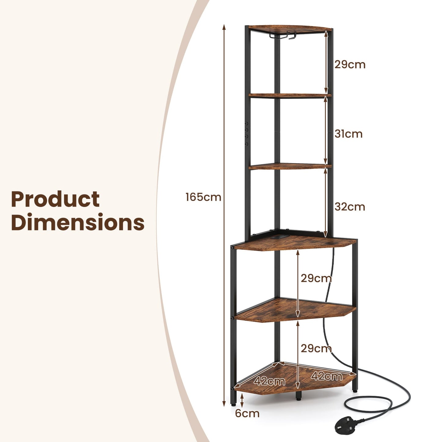 Wooden Corner Shelf with Storage Shelves for Living Room-Rustic Brown