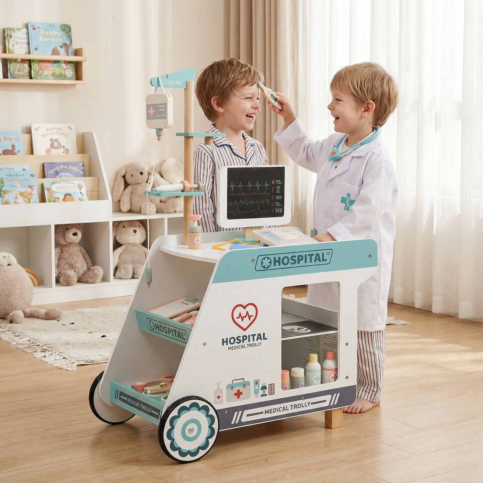 Wooden Doctor Playset Pretend Play Doctor Kit with Cart-Green