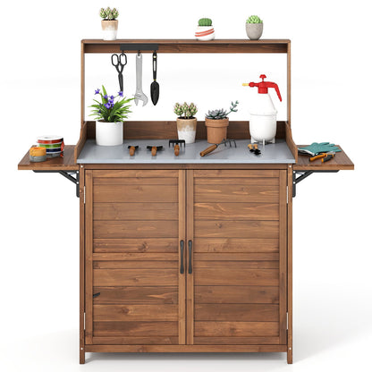 Wooden Garden Workstation with Foldable Side Shelves for Yard Balcony-Brown