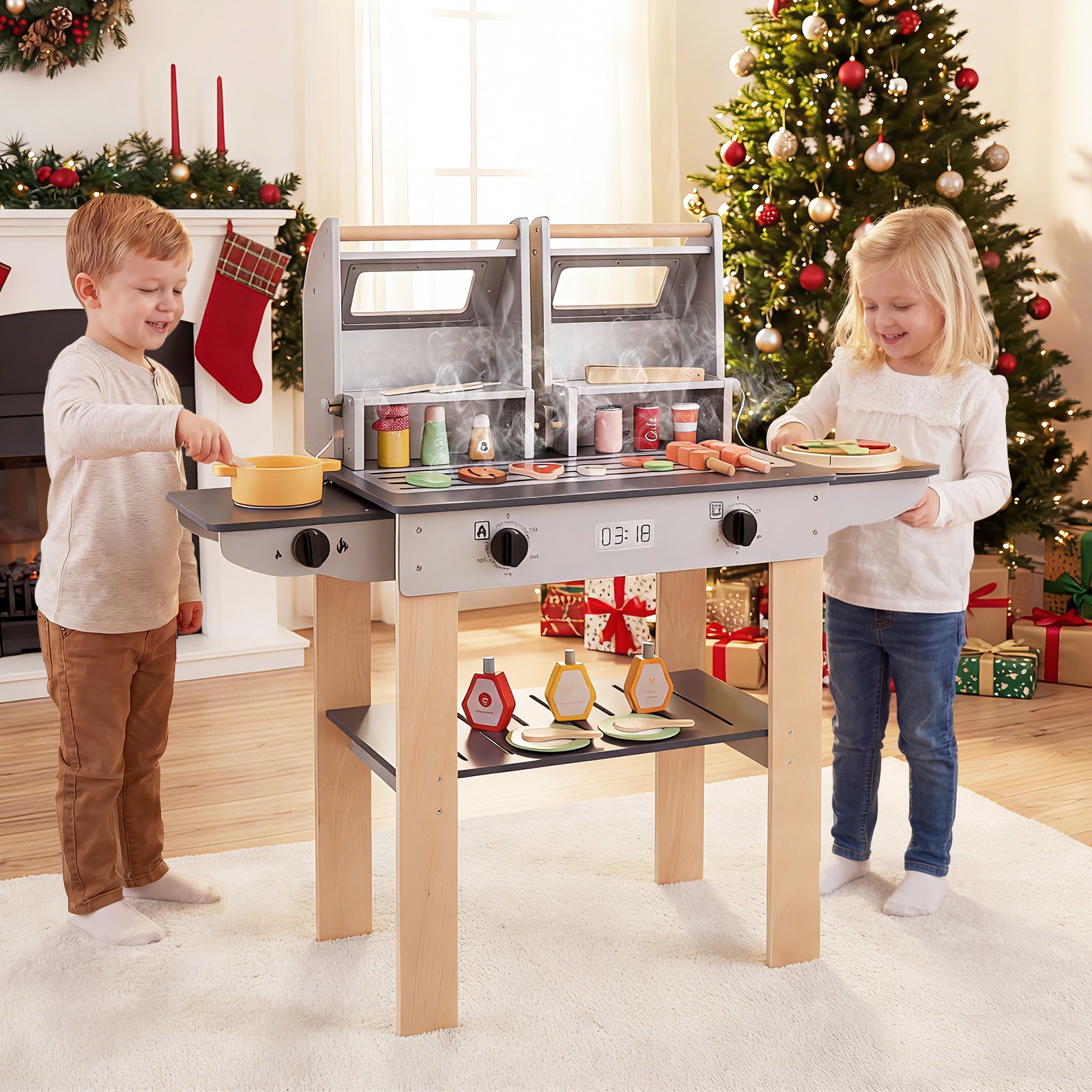 Wooden Kids Barbecue Grill Playset with Abundant Grilling Tools for 3+