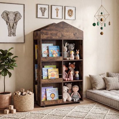 Wooden Kids Bookshelf and Toy Storage with Multiple Compartments-Coffee