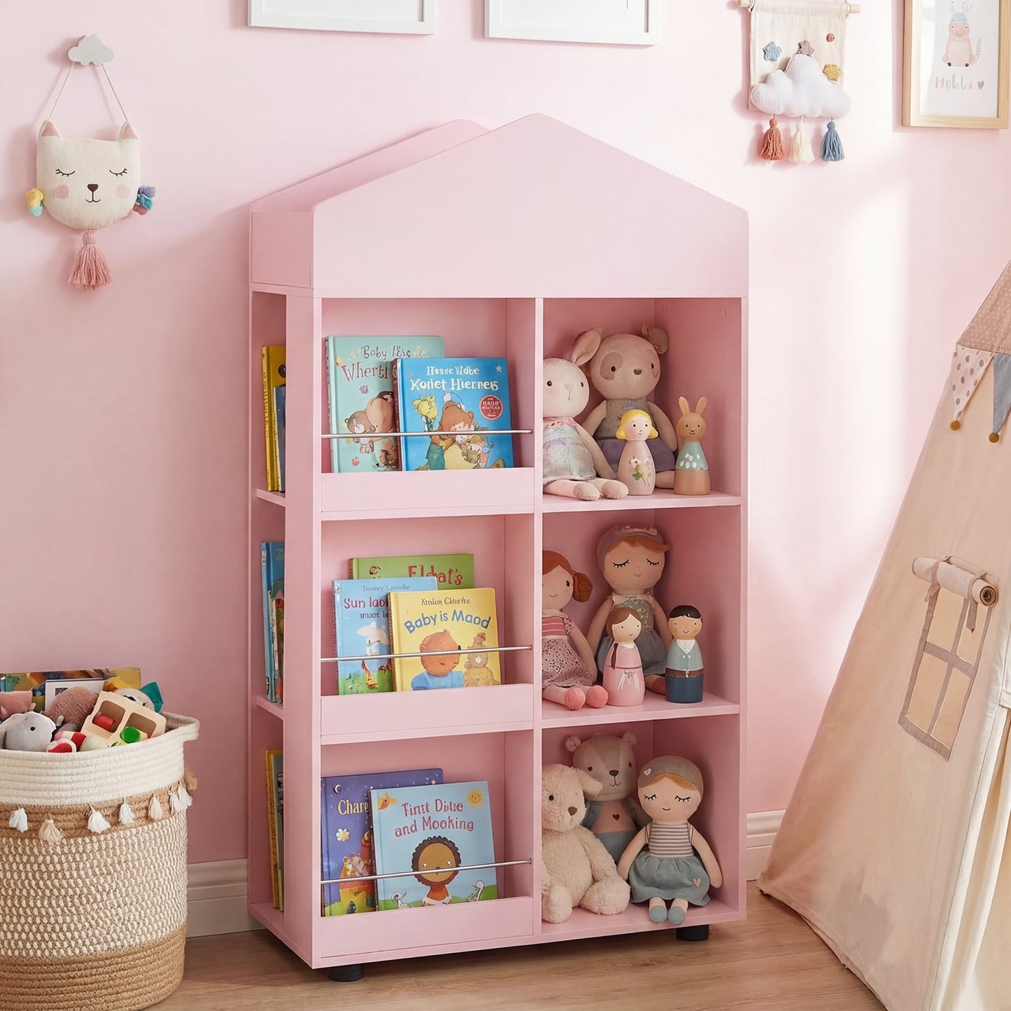 Wooden Kids Bookshelf and Toy Storage with Multiple Compartments-Pink