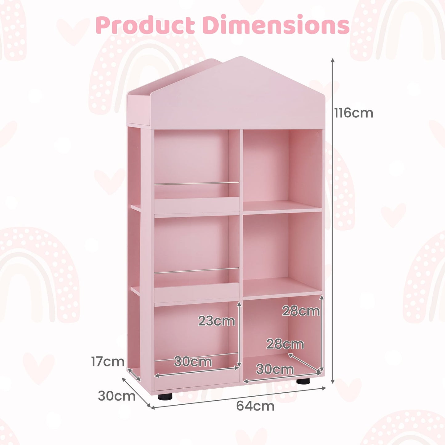 Wooden Kids Bookshelf and Toy Storage with Multiple Compartments-Pink