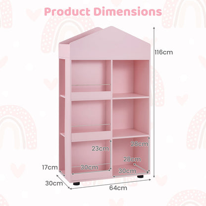 Wooden Kids Bookshelf and Toy Storage with Multiple Compartments-Pink