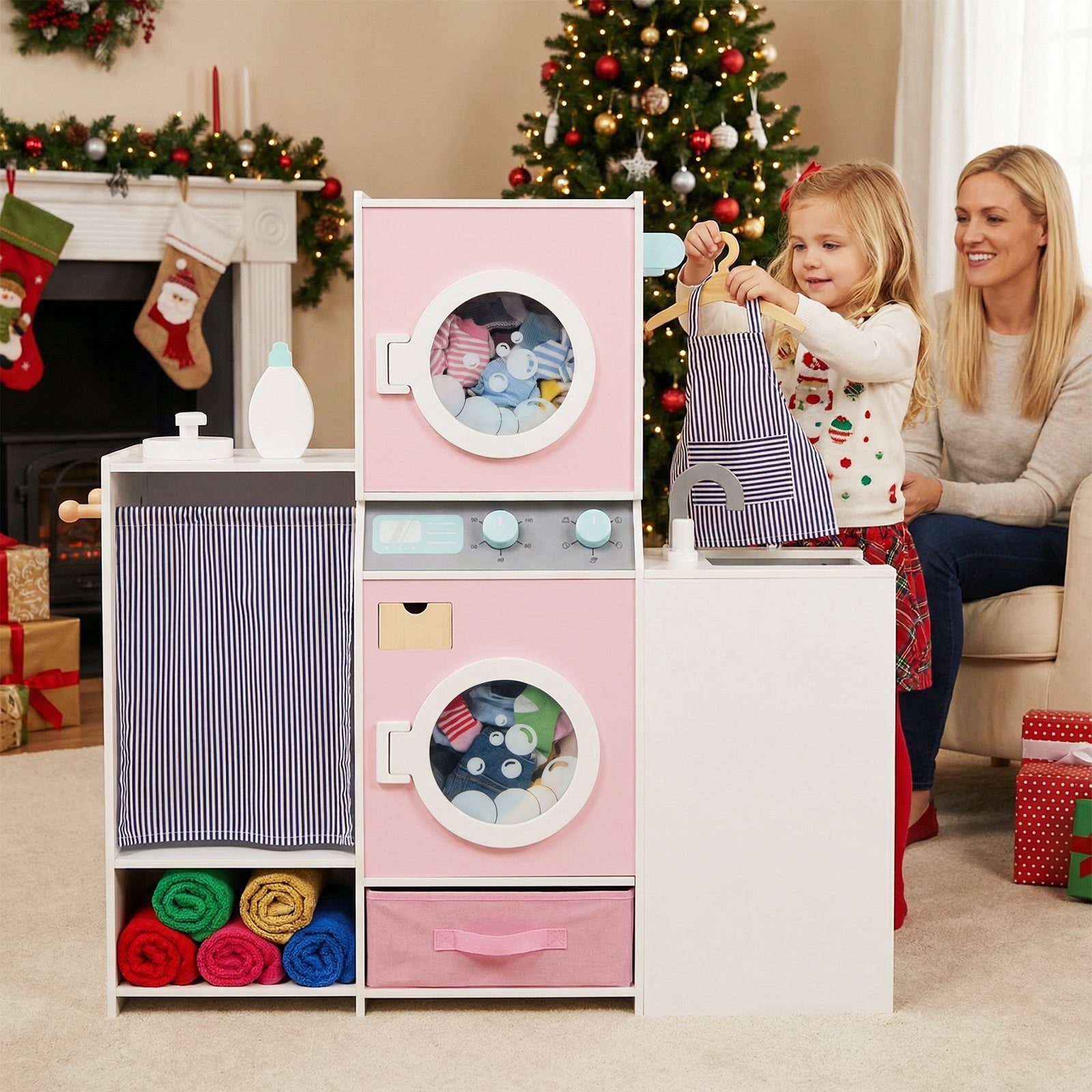 Wooden Kids Laundry Playset Pretend Toy Washing Machine with Laundry Detergent Bottle-Pink