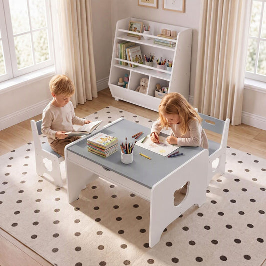 Wooden Kids Table and 2 Chair Set Ages 3-6 Bear-Themed Toddler Activity Desk-Grey