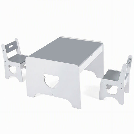 Wooden Kids Table and 2 Chair Set Ages 3-6 Bear-Themed Toddler Activity Desk-Grey