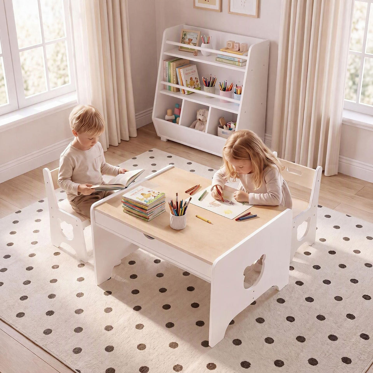 Wooden Kids Table and 2 Chair Set Ages 3-6 Bear-Themed Toddler Activity Desk-Natural