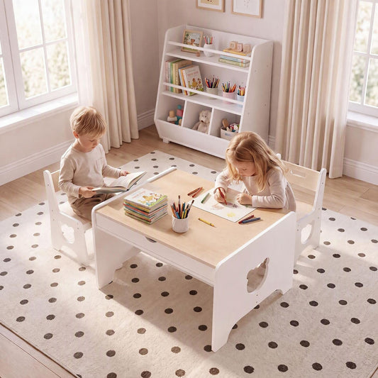 Wooden Kids Table and 2 Chair Set Ages 3-6 Bear-Themed Toddler Activity Desk-Natural