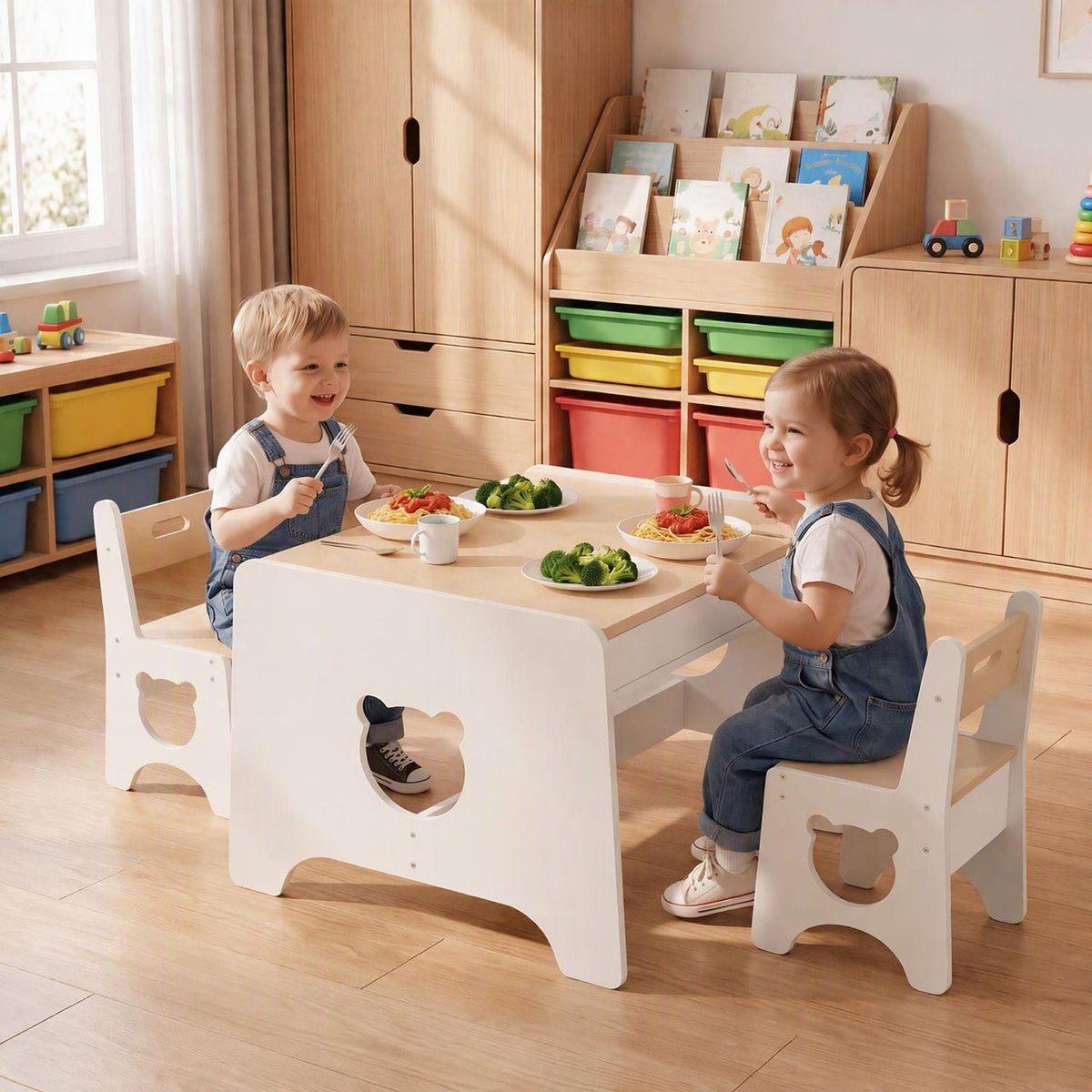 Wooden Kids Table and 2 Chair Set Ages 3-6 Bear-Themed Toddler Activity Desk-Natural