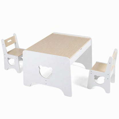Wooden Kids Table and 2 Chair Set Ages 3-6 Bear-Themed Toddler Activity Desk-Natural