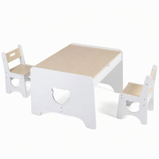 Wooden Kids Table and 2 Chair Set Ages 3-6 Bear-Themed Toddler Activity Desk-Natural