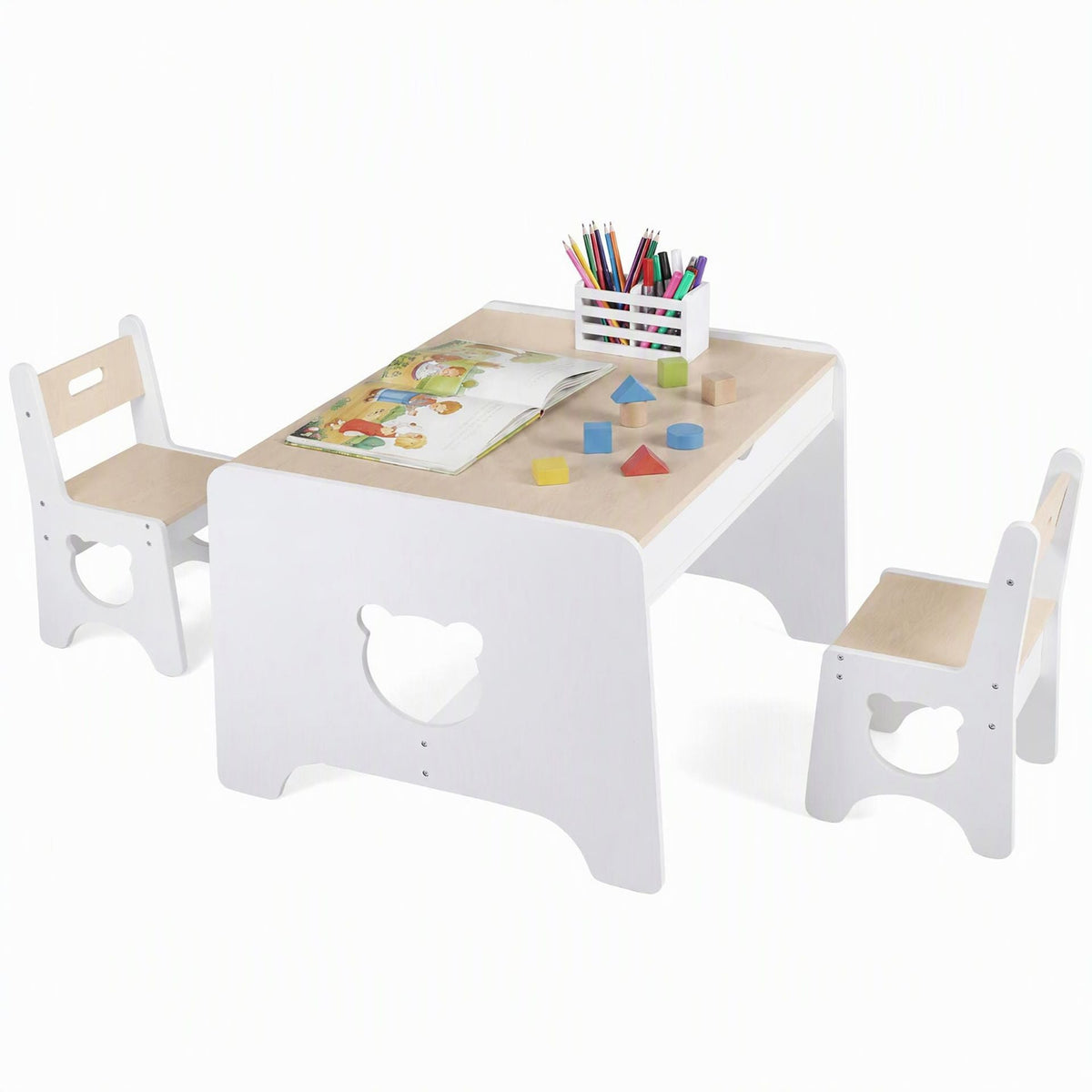 Wooden Kids Table and 2 Chair Set Ages 3-6 Bear-Themed Toddler Activity Desk-Natural