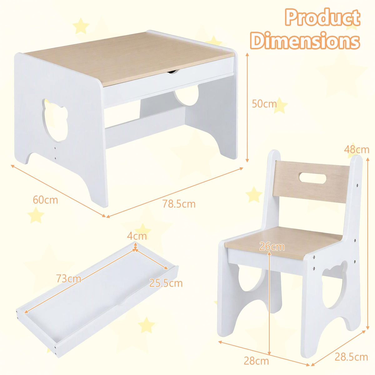 Wooden Kids Table and 2 Chair Set Ages 3-6 Bear-Themed Toddler Activity Desk-Natural