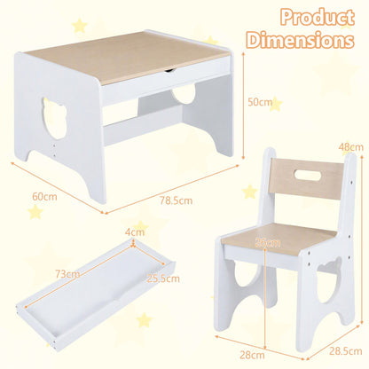 Wooden Kids Table and 2 Chair Set Ages 3-6 Bear-Themed Toddler Activity Desk-Natural