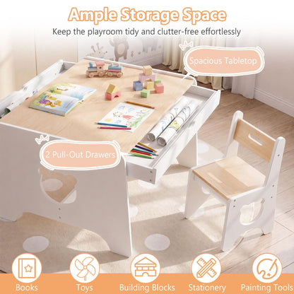 Wooden Kids Table and 2 Chair Set Ages 3-6 Bear-Themed Toddler Activity Desk-Natural